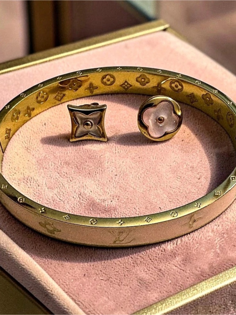 Pink Gold-Tone Bangle Bracelet &Earrings Stainless Steel